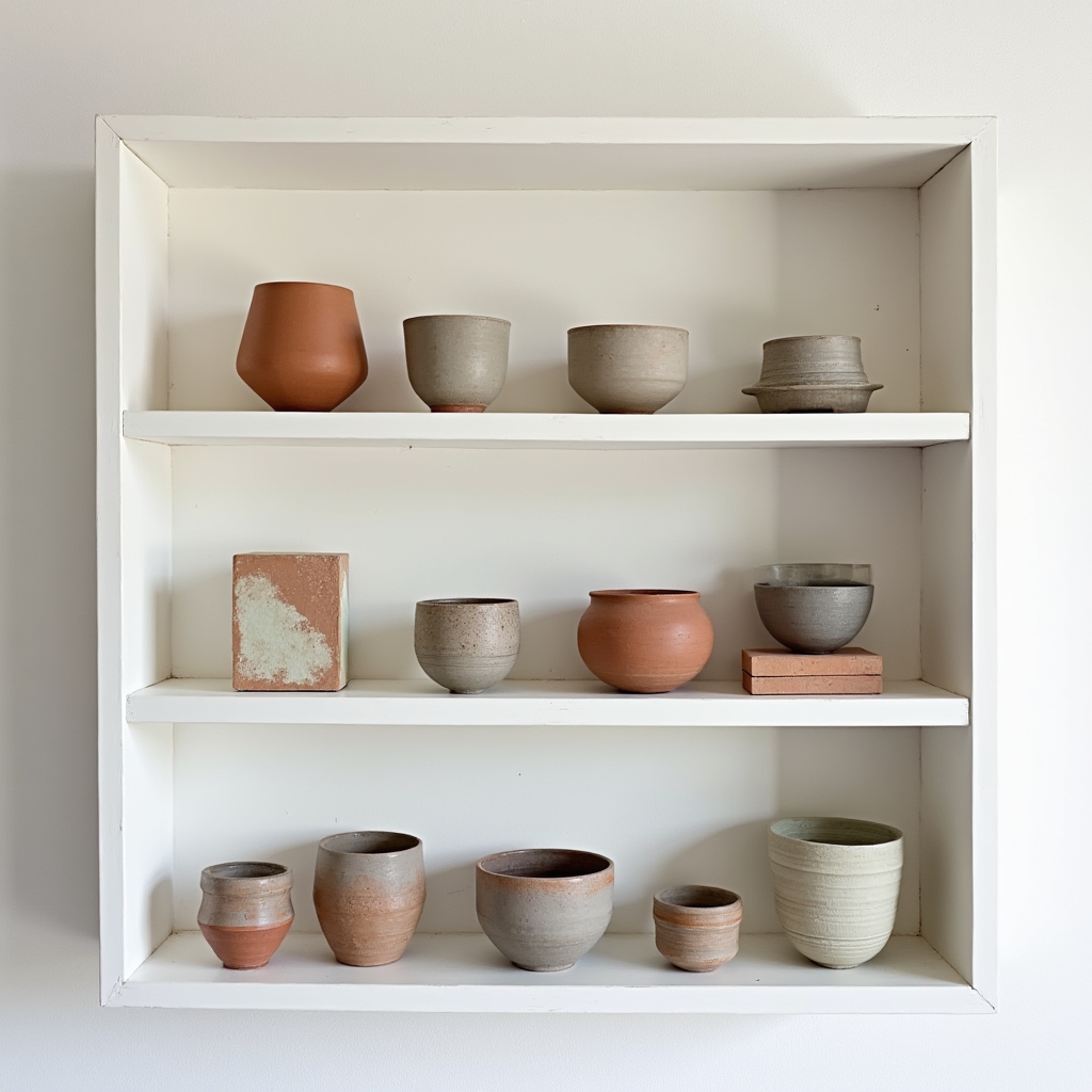 Collection of handmade ceramic bowls and vessels created by students in Coweba Logoso virtual classes displayed on a light shelf