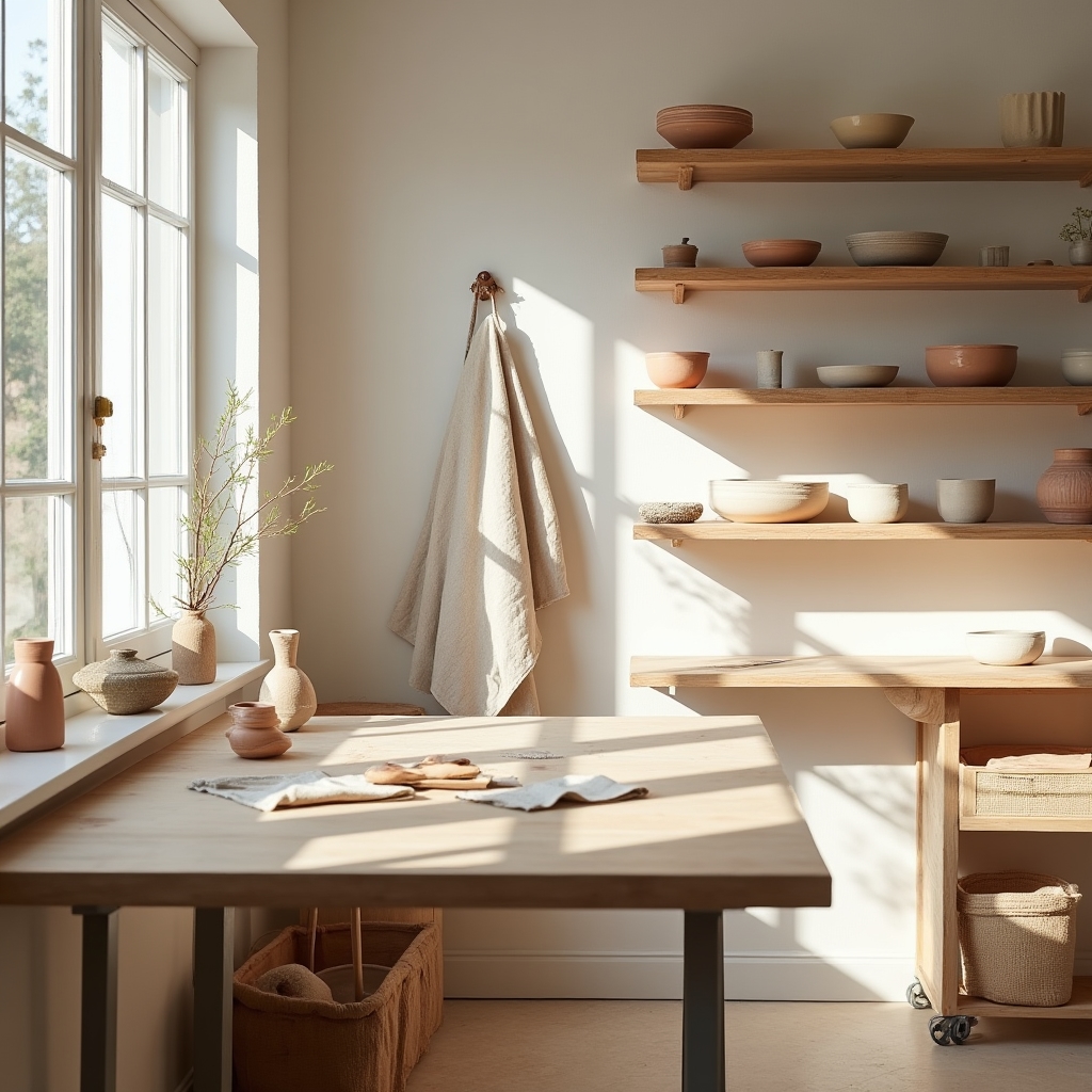 Bright pottery workspace with handmade ceramic pieces arranged on a shelf reflecting the studio's creative philosophy